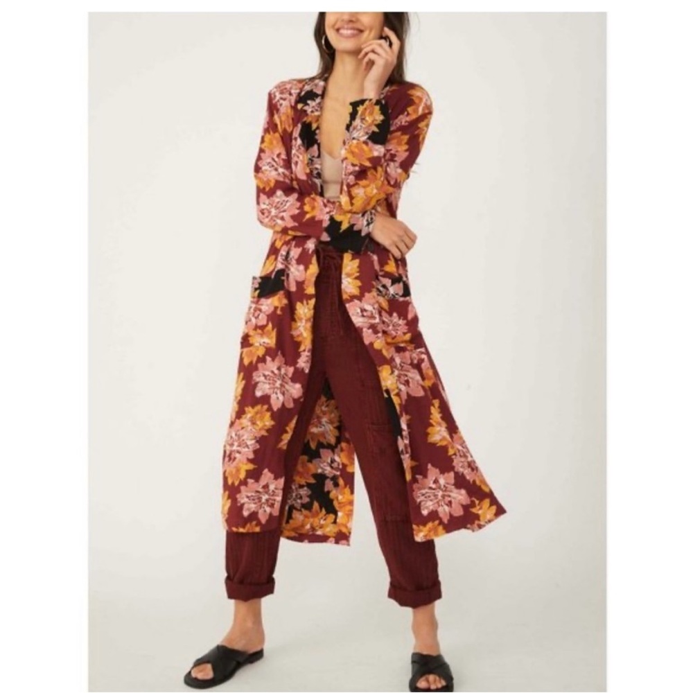 Free People Floral Duster Cardigan in cranberry red and mustard